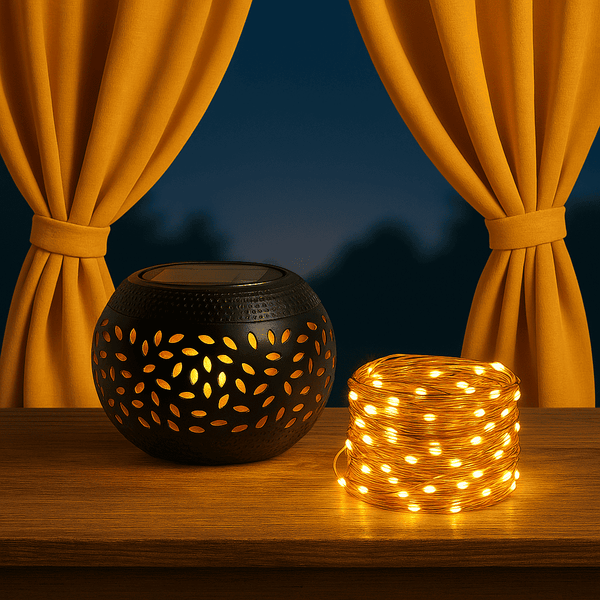 Lampe solaire en métal ajouré – Projection d’ombres & lumière chaude – Guirlande incluse | Nocta Solis - NoctaSolis