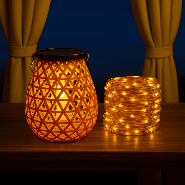 Lanterne solaire effet bambou à poser ou suspendre – Éclairage doux pour jardins et terrasses + Guirlande solaire incluse | Nocta Solis™ - NoctaSolis