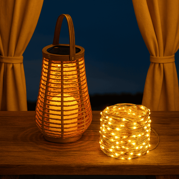 Lanterne solaire en bambou & rotin – Lumière blanc chaud à poser ou suspendre – Guirlande incluse | Nocta Solis™ - NoctaSolis